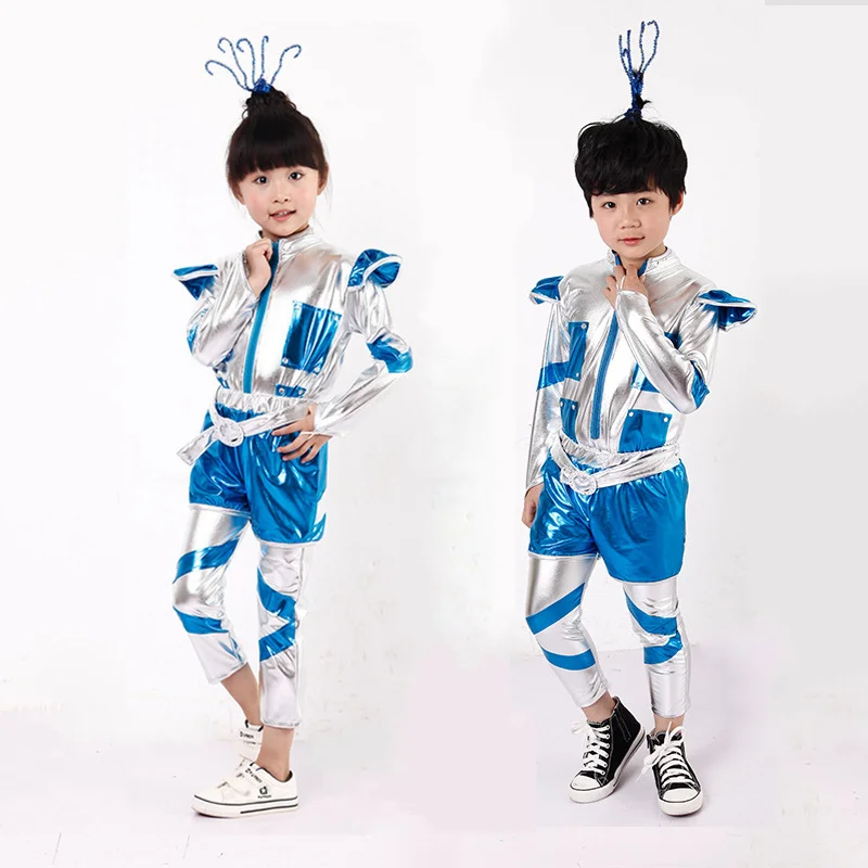 

Boy or Girl Space Robot Costume Blue Silver Astronaut Cospaly Performance Stage Dance Show Time Clothing for Kids