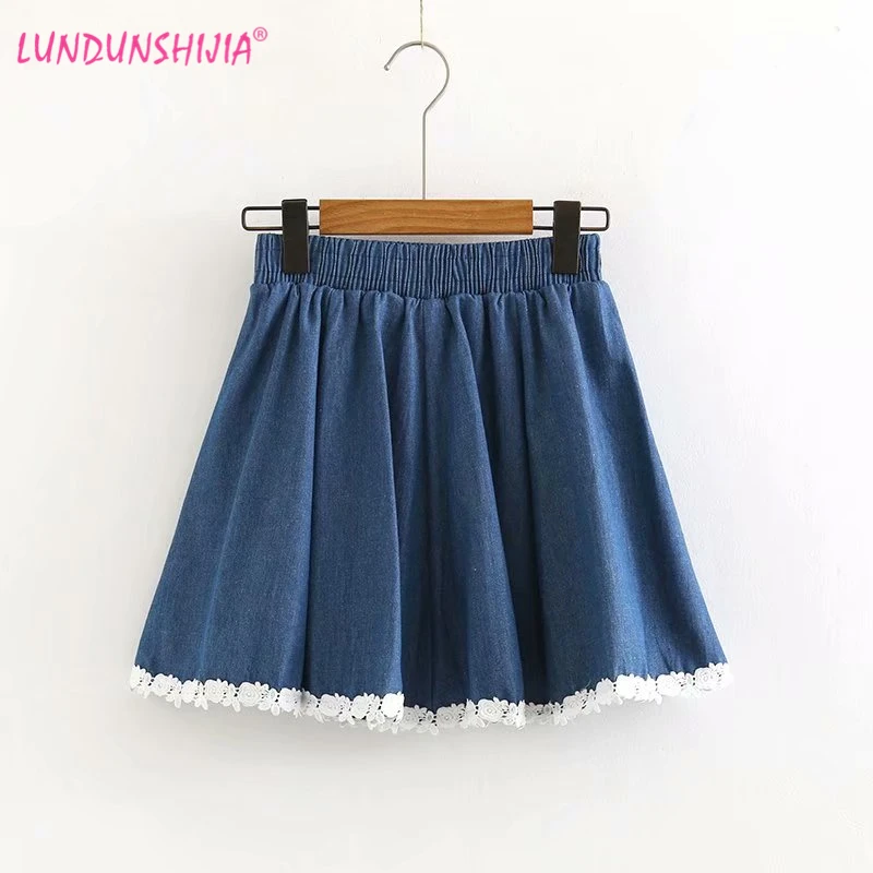 

LUNDUNSHIJIA High Quality 2019 Summer New Arrival Ladies White Lace Hem Denim Skirts High Wiast Blue Cowboy Skirts For Women