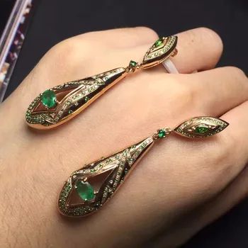 

Fine Jewelry Collection Real 18K Rose Gold 100% Natural Emearld Gemstones CUte Ethnic Vitnage Style Drop Earrings for Women