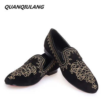 

2016 New Fashion Embroidery Genuine Leather Man Shoes Handmade Wedding and Party Male Loafers Men Flats Size 39-47 Free Shipping