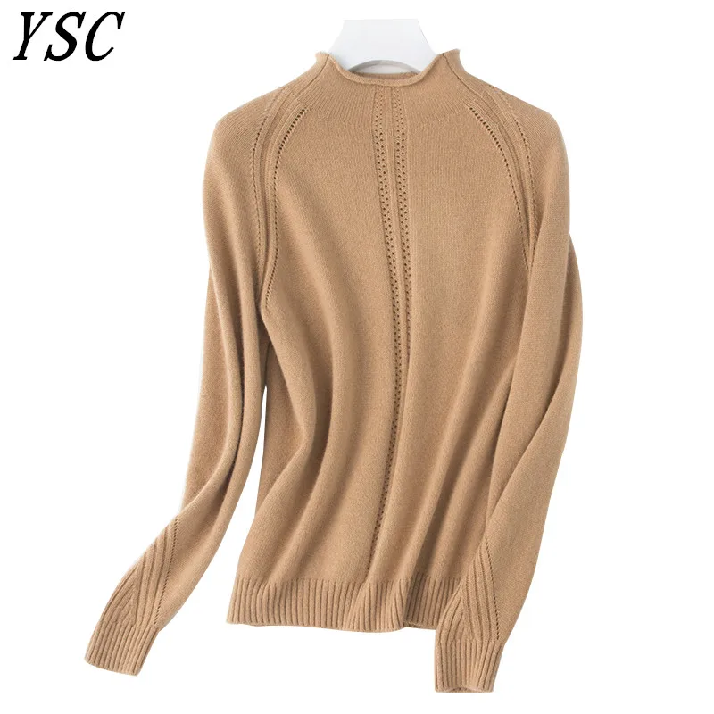 

YSC 2018 Hot Sales Women's Knitted pure Cashmere Sweater Curling Half High Curled collar Hollow out style Keep warm pullovers