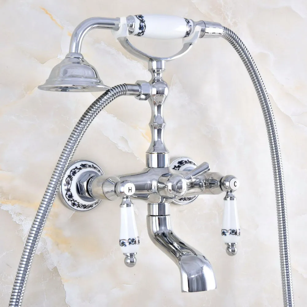 

Polished Chrome Brass Double Ceramic Handles Wall Mounted Bathroom Clawfoot Bathtub Tub Faucet Mixer Tap w/Hand Shower atf870