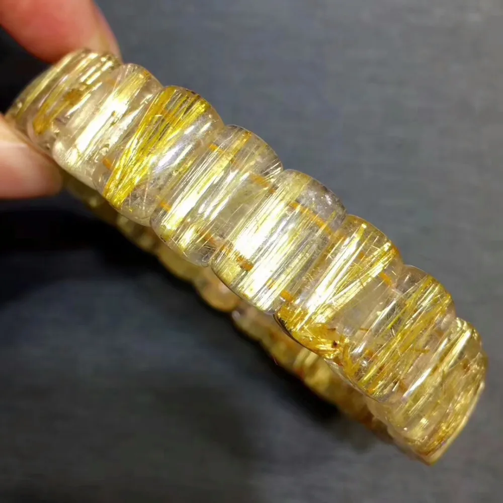 

14x6mm Natural Titanium Gold Rutilated Quartz Bracelet Crystal Yellow Golden Rectangle Bead Luxury Bracelet Bangle Drop Shipping