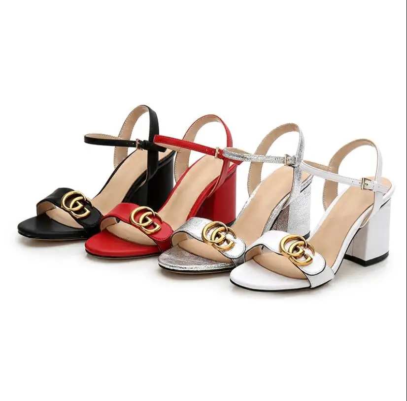 

2018 European station summer new high-heeled leather sandals female black word with women's shoes open toe size shoes