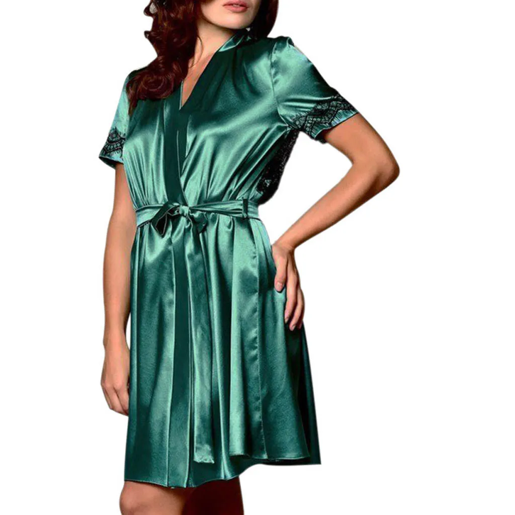 Сексуальное женское белье, шелковое кружевное, вязаное крючком, v-образный вырез, шнуровка, короткий рукав, ночная рубашка, ночная рубашка, черный, белый цвет, ночное белье, A3 - Цвет: Зеленый