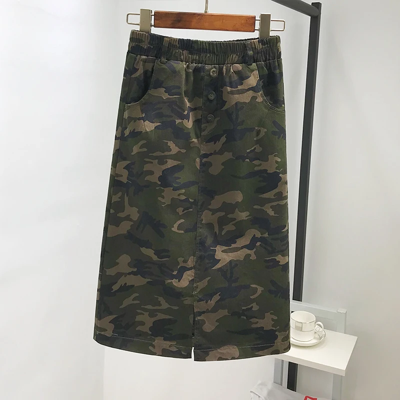 

Midi Skirts Womens 2019 Medium and Long Elastic High Waist Camouflage Skirt Button Harajuku