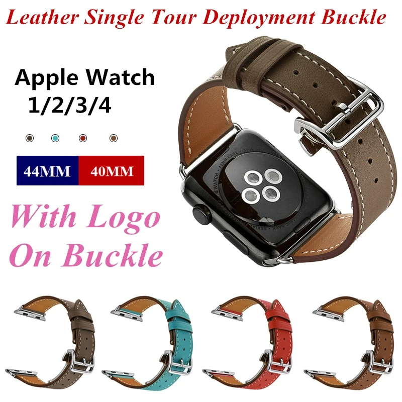 

Genuine Leather Watch Band for Apple Watch 44MM 40MM Leather Single Tour Deployment Buckle WITH LOGO Replacement for iWatch Belt