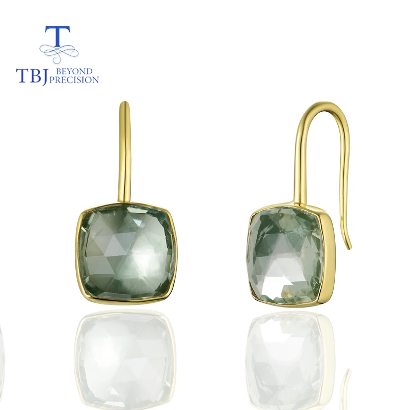

TBJ,simple hook earring natural green amethyst Cushion 12mm gemstone 925 sterling silver fine jewelry for girls gifts