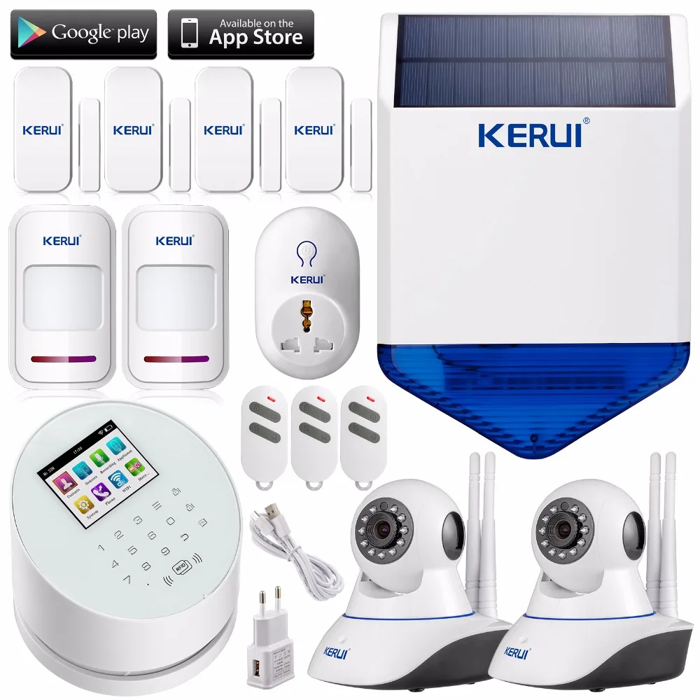 KERUI W2 Wifi GSM PSTN three-in-one home sucerity alarm system+solar siren linkage wifi ip camera app remote controller