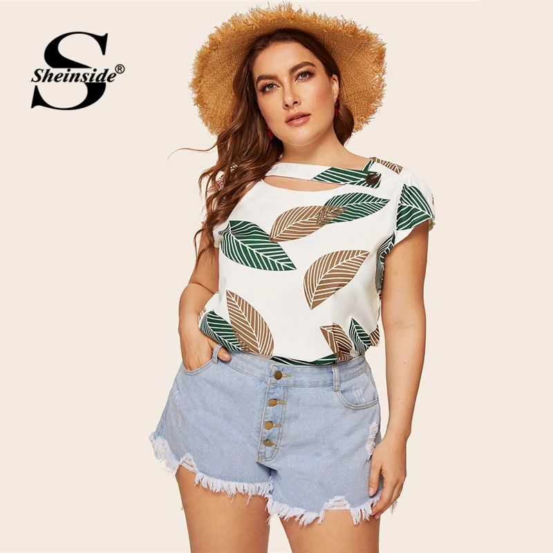 

Sheinside Plus Size Casual Leaf Print Asymmetrical Neck Blouse Women 2019 Summer Short Sleeve Blouses Ladies Button Detail Top