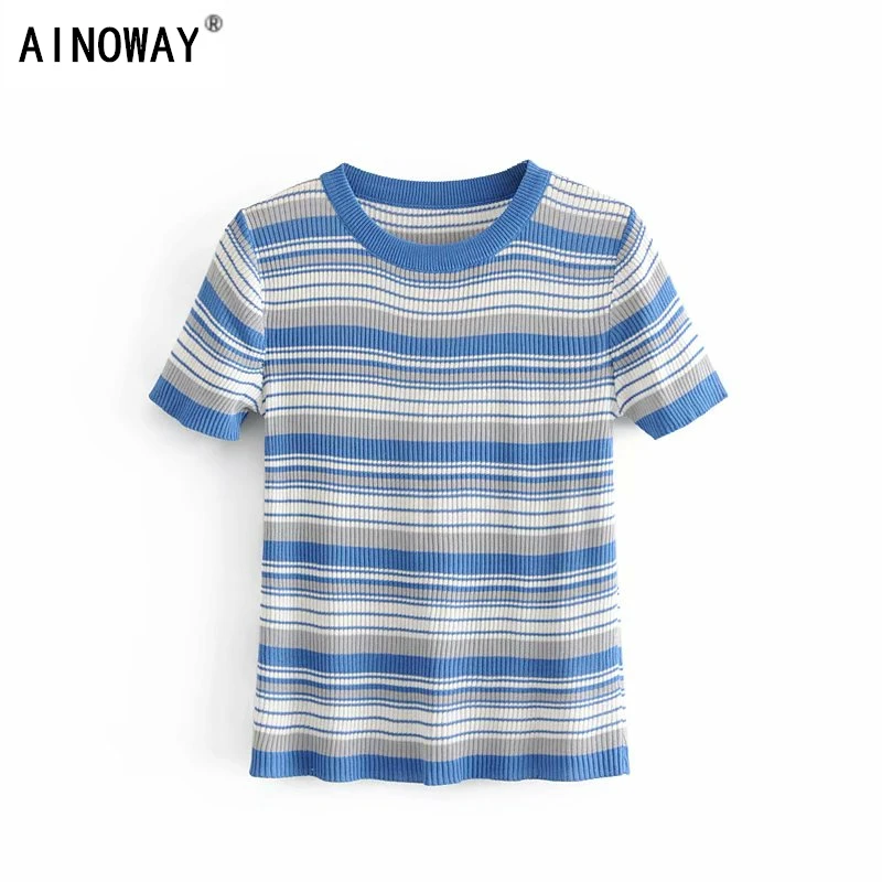 

Harajuku kawaii Summer Cotton striped Knitted T Shirts Girls Women Short Sleeve o-neck elestic Tees Cotton T-shirts girls Top