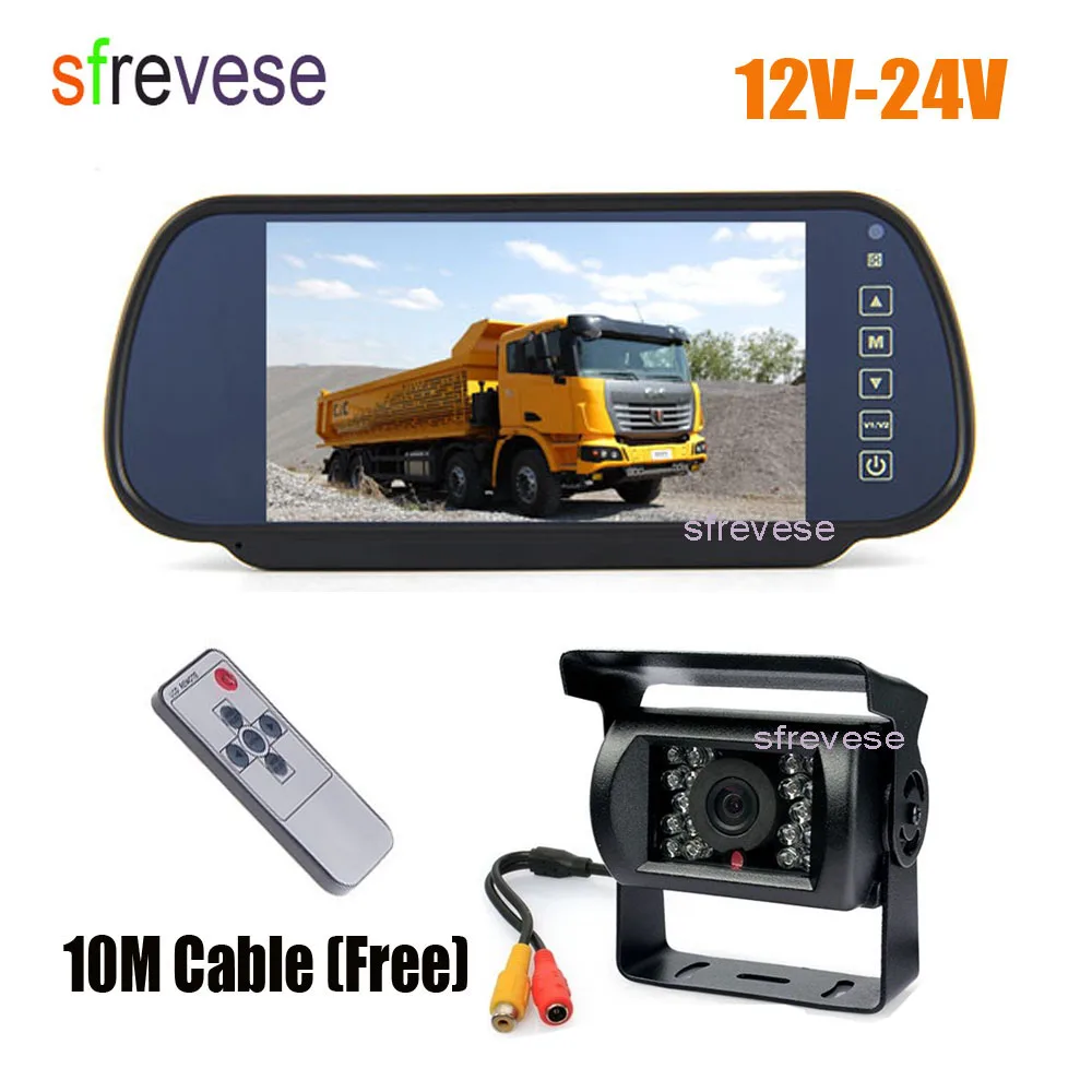 

7" Vehicle Mirror Monitor Car Rearview Kit + Waterproof 18 IR Night Vision Car Reverse Parking Backup Camera 10m Cable 12V-24V