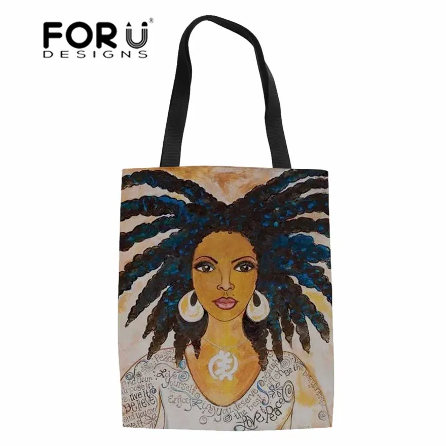 

FORUDESIGNS Tote Bag for Women Black Art African Girls Printing Shopping Bags Ladies Canvas Shopper Bag Females Grocery Bags