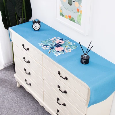 

Pastoral style table runner Home Decor Blue Flower cotton and hemp thickening table flag Rectangular cloth art TV cabinet cover