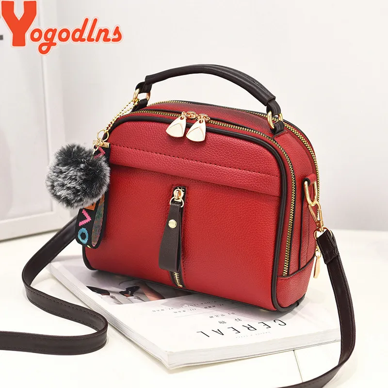 Yogodlns الأزياء عالية الجودة بو الجلود حقائب كتف للنساء بلون الأنثوية يد الشعر كرة زينة crossbody حقيبة