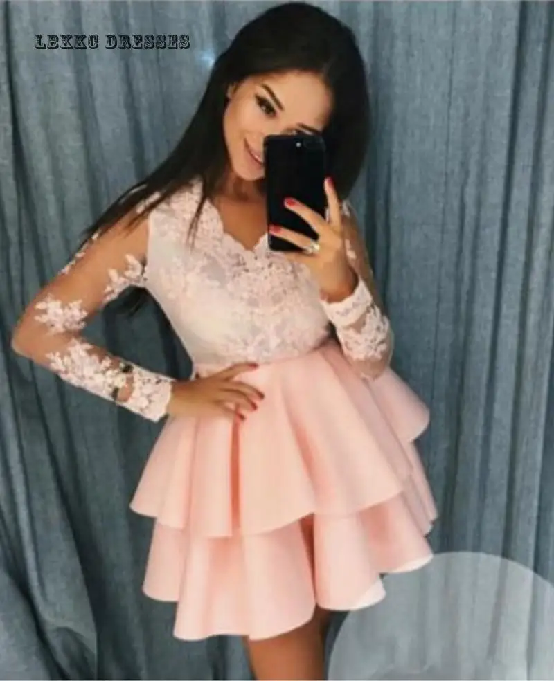 

Pink Long Sleeve Evening Dress Short Satin Applique Lace Formal Dress Women Elegant Evening Party Dresses Turkish Evening Gowns