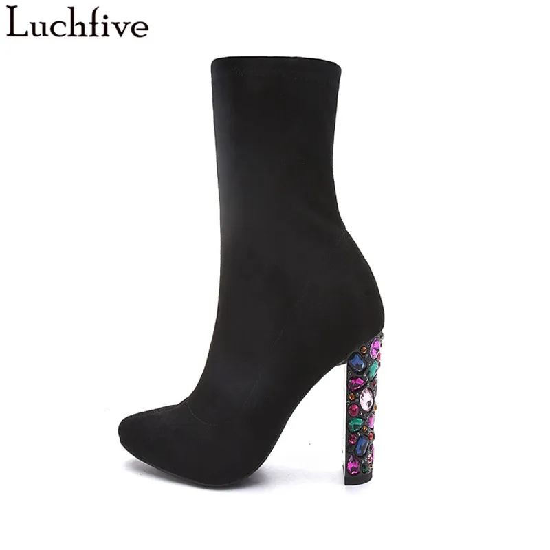 

Luchfive Colorful Jeweled High Heel Sheep Suede Short Boots For Woman Round Toe Short Plush Spring Winter Runway Shoes Woman