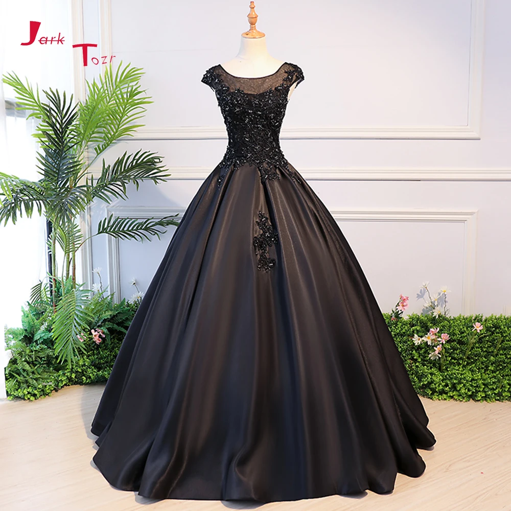 

Jark Tozr 2019 New Arrive Robe De Mariee Open Back Lace Up Appliques Beading Black Satin Ball Gown Wedding Dresses Abendkleider
