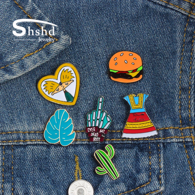 

shshd Cute Cartoon Pins Collection Arnold Heart Hamburger Dress Brooch Blue Leaves Cactus Denim Jackets Lapel Enamel Pin Jewelry