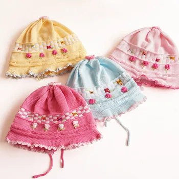 

Flower Baby Girl Beanie Hat Crochet Lace Sweet Princess Cotton Cap Infant Newborn Girls Knitted Bonnet Soft for Spring Autumn