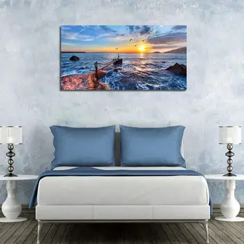 

Canvas Wall Art Ocean Seawave Blue Sky Picture Prints Large Size One Panel, Sunset Wood Bridge Seascape Panoramic Drop shipping