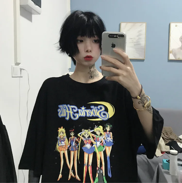 Poleras Mujer женская одежда корейский стиль Ulzzang Harajuku уличная Сейлор Мун Футболка женская Повседневная белая футболка Топы