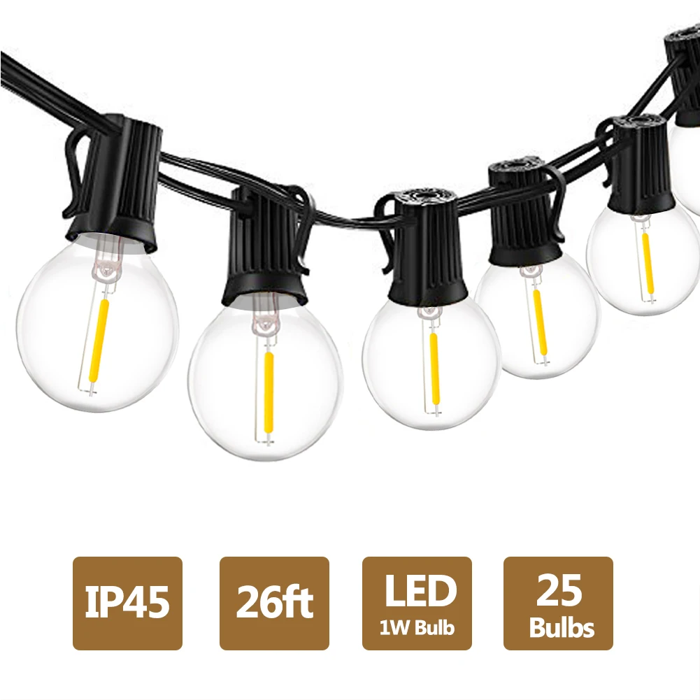 US $20.89 G40 1W LED String Lights 18Ft26Ft LED Globe Bulbs 2700K Waterproof Outdoor For Patio Garden Backyard Party Wedding Decorations