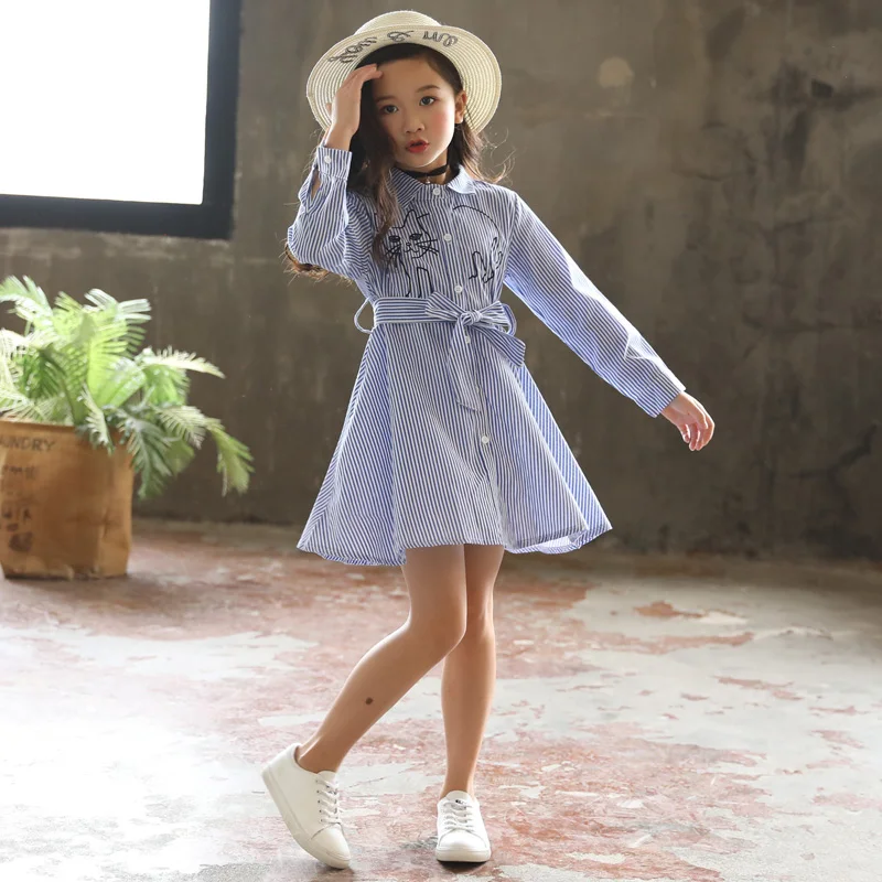 

Cute Girl Striped Long Sleeve Dress Cartoon Animals Cat Blue Stripped Dress Causal Spring Autumn Girls Vedtido Cloth for 10 Year