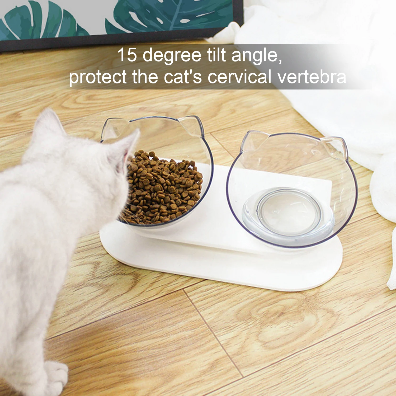 

Behogar Cute Lovely Cat Style Dual-Port Non-Slip Tilt Angle Spine Protection Pet Feeder Feeding Drinking Station Tray Bowl