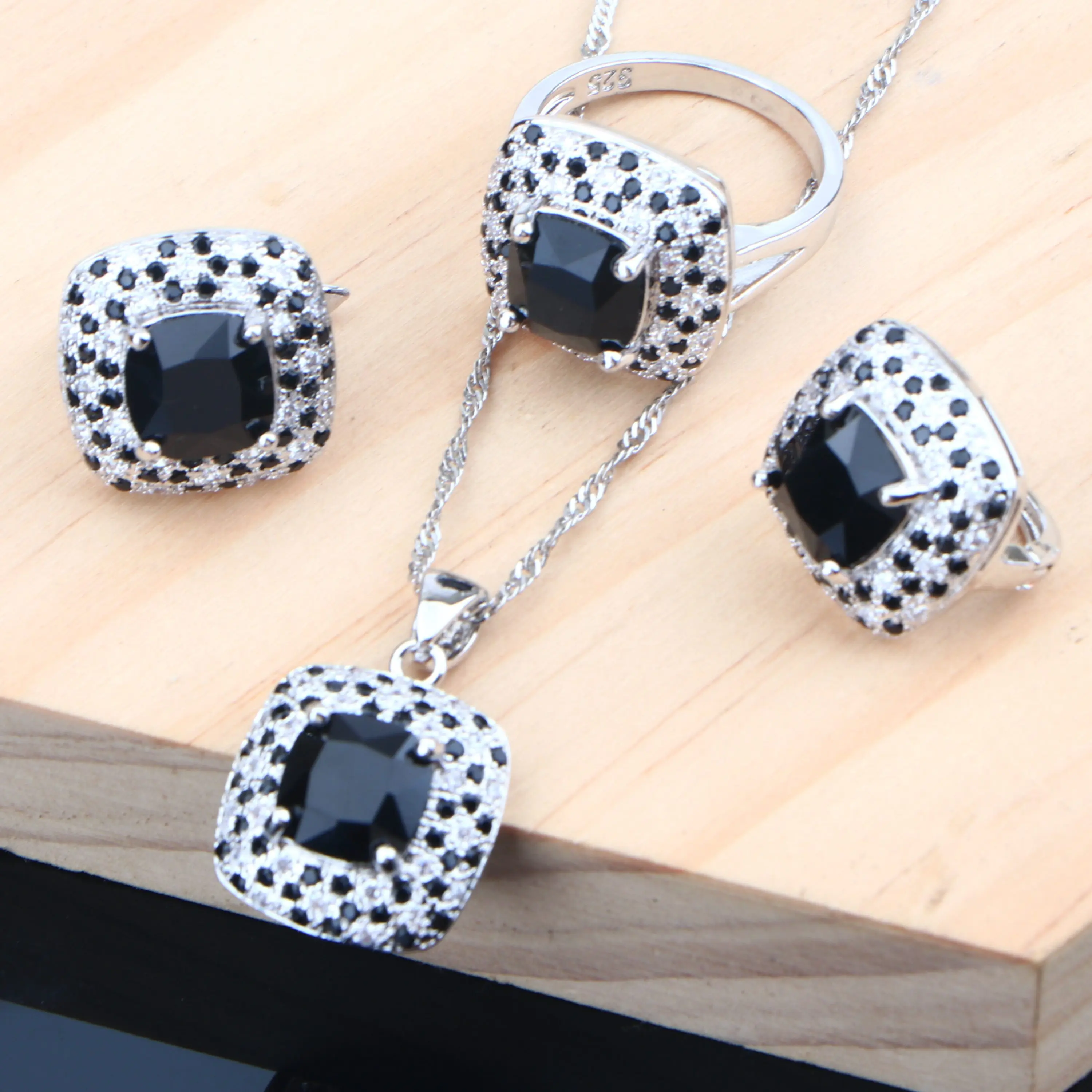 Свадебные черные кубические циркония Классические Ювелирные наборы для женщин серебро 925 ювелирные изделия серьги браслет кольцо ожерелье набор дропшиппинг