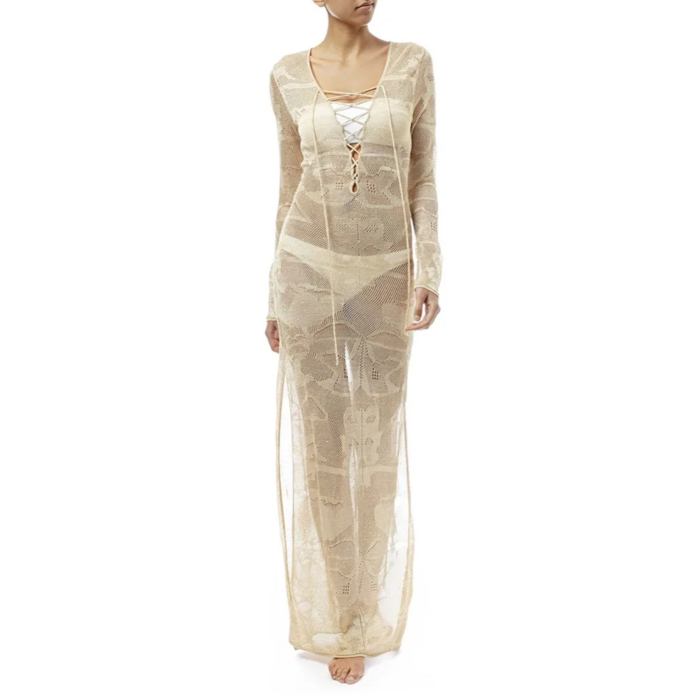 Sexy Swimwear Beach Cover Up Knitting Straps Long Sleeves Rash Guard Beach Kaftan Wrap Dress Robe De Plage Saida De Praia