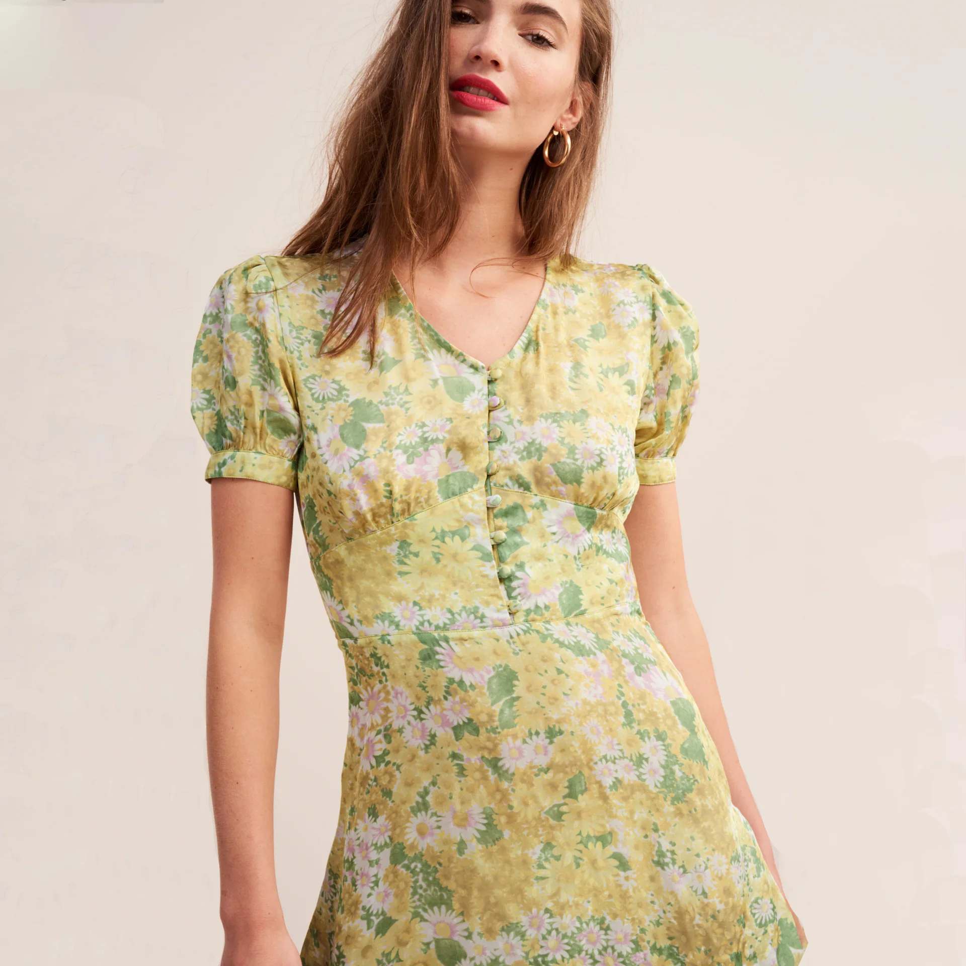 

Women Dress 2019 New Floral Print Front Buckle Retro Puff Sleeve Dress