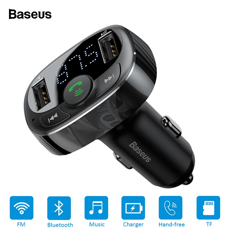 Baratos Baseus FM Transmisor cargador de coche Aux modulador Bluetooth carga de coche Kit manos libres de Audio MP3 jugador 3.4A coche USB Dual cargador