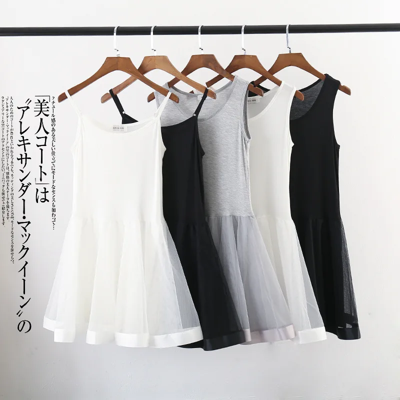 

New Spaghetti Strap Modal Patchwork Mesh Dress Summer Women Webbing All-Match Tank Dress Basic Sundress Party Vestidos Mw276