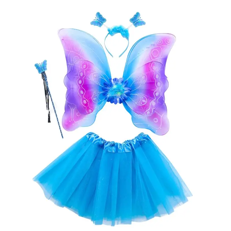 Костюм феи для девочек из 4 предметов; трехслойная фатиновая юбка-пачка с крыльями радуги и бабочки; повязка на голову; вечерние От 3 до 8 лет принцессы на Хэллоуин - Цвет: Синий