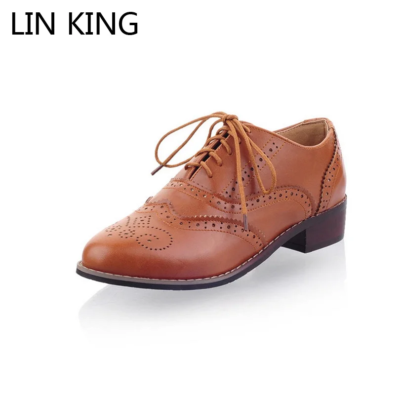 

LIN KING Retro Casual Women Oxford Shoes Solid Leather Round Toe Office Lady Pumps Chunky Heel Lace Up Simple Ankle Shoes Brogue