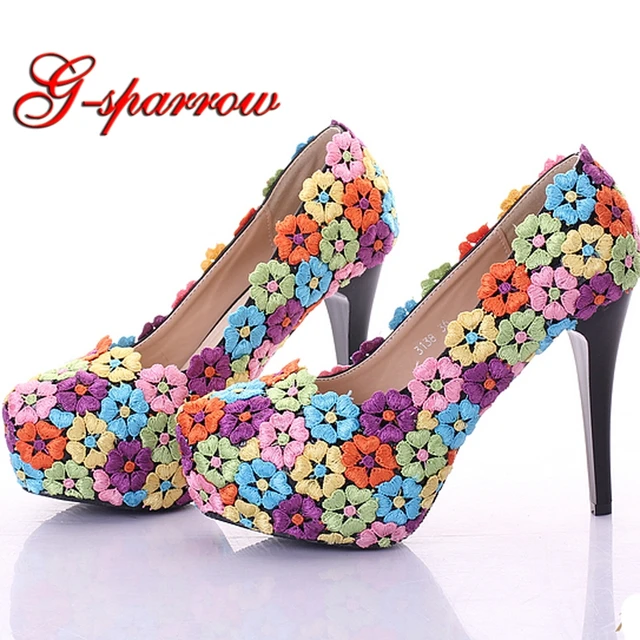 Colorful Lace Flower Shoes 11cm Fashion Wedding Shoes Performance Dancing Pumps Bridesmaid Shoes ...
