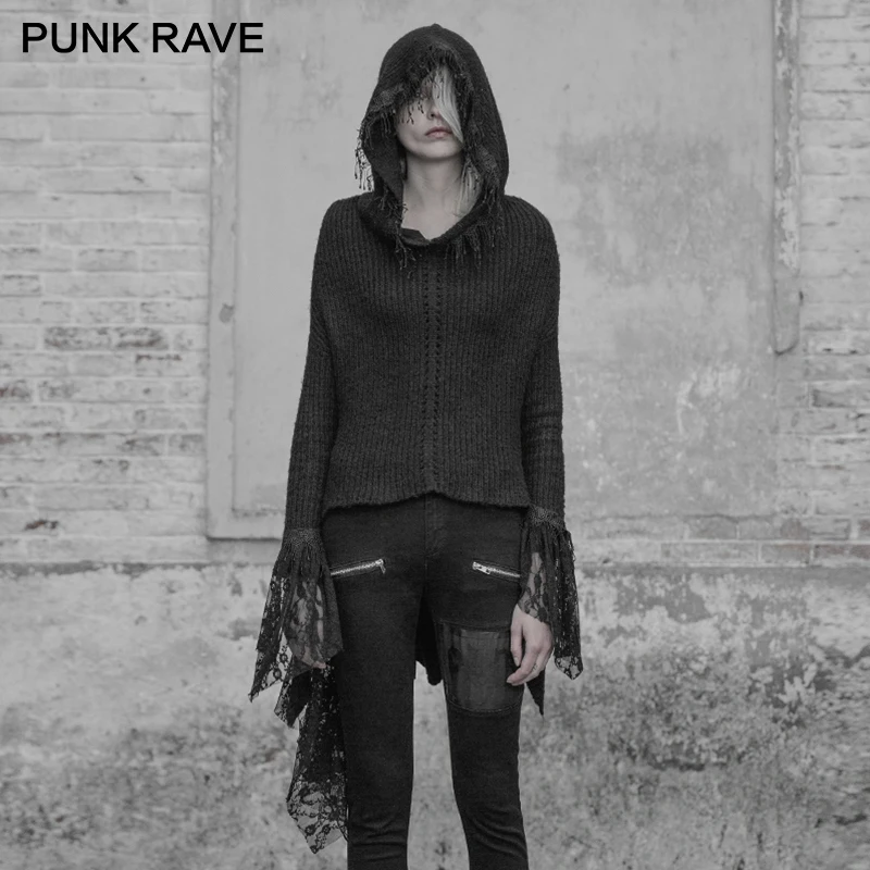 

PUNK RAVE Dark Gothic Fit Version Women Personality Clothing Irregular Version Hat Tassel Lace Decoration Ladies Sweater