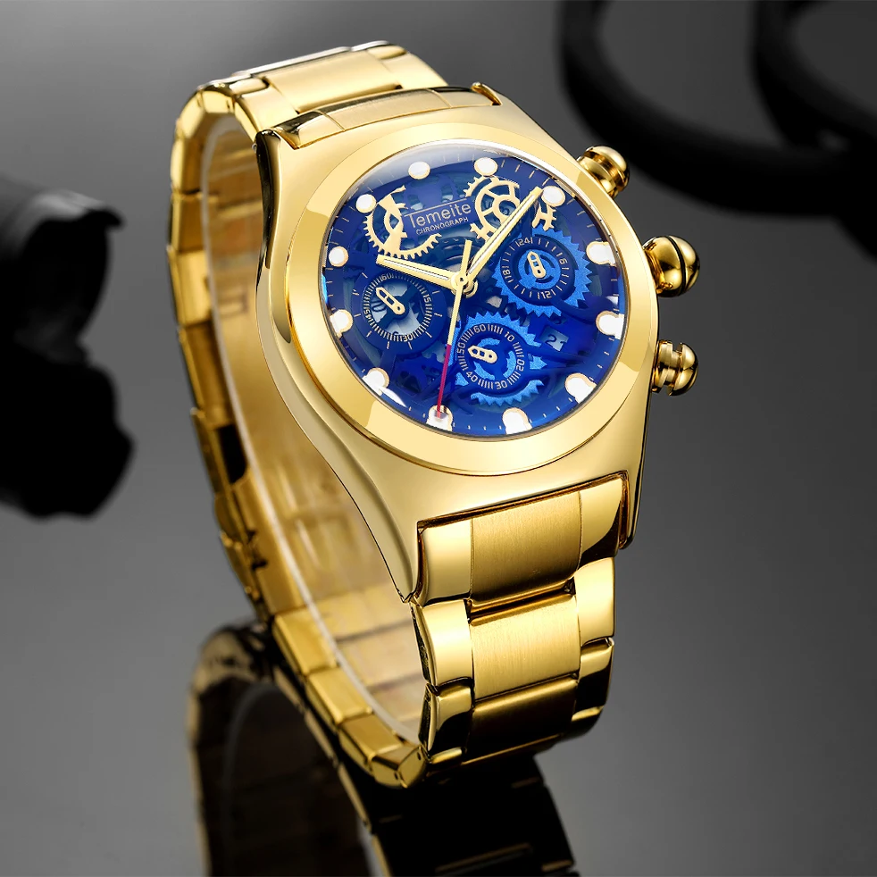TEMEITE, военный большой чехол, кварцевые часы для мужчин, 3 суб-циферблата, украшение, уникальный синий циферблат, металлический ремешок, мужские часы, Лидирующий бренд, роскошные