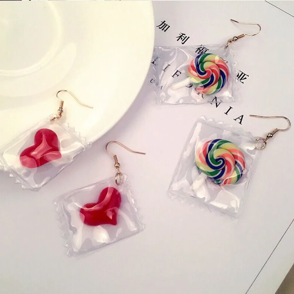 

Korean Cute Candy Fruits Spun Sugar Stylish Drop Earrings Funny Heart Lollipop Sweet Resign Rainbow Earrings Jewelry for Girls