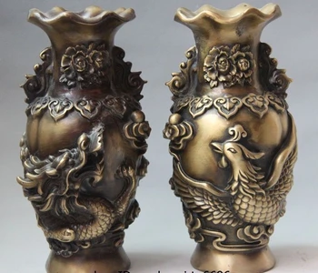 

Chinese Palace Pure Bronze Copper Auspicious Dragon Phoenix Pot Bottle Vase Pair