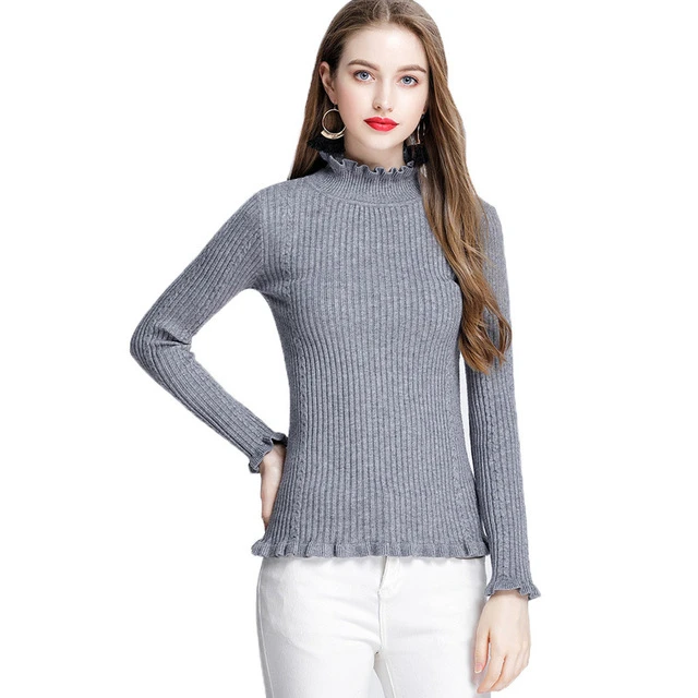 

Women high neck ruffles thick sweaters elastic long sleeve must have items basic sweet autumn winter warm pullover casual tops