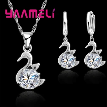

Fine 925 Sterling Silver Jewelry Sets Accessory Women Austrian Crystal Swan Shaped Necklace Drop Earring Sets Gift