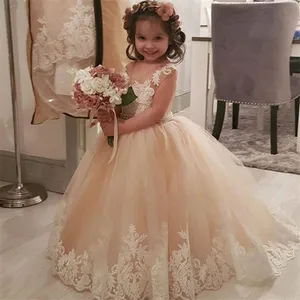 Long Sleeves Flower Girl Dresses For Weddings Lace First Communion Dresses Girl Salted Yarn Birthday Dress Party Evening Dress