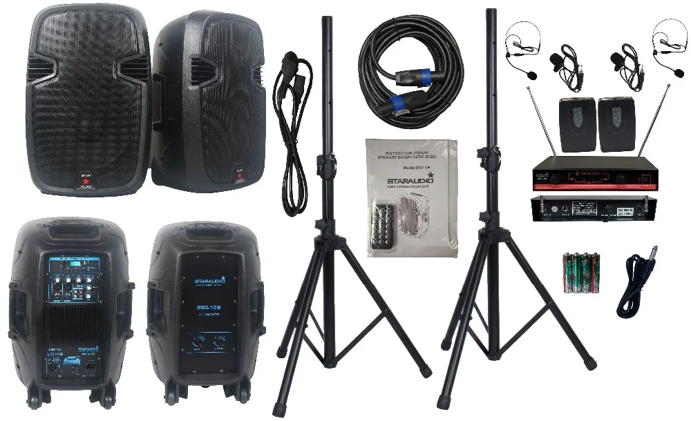 12 inch powered 2000w audio speaker for pa dj stage 2 channel vhf wireless headset church microphone system