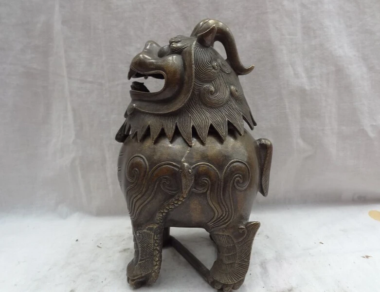 

song voge gem S4030 8" Chinese Bronze Snake PiXiu Unicorn Head Statue Lion Incense Burner Burner