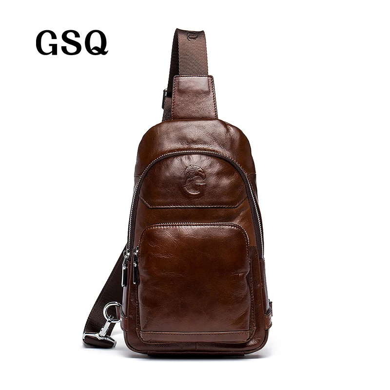 GSQ 2016 Hot Genuine Leather Men Shoulder Bag Fashion Trending Oil Wax Leather Mens Crossbody Bag Coffee Chest Pack Men Bags