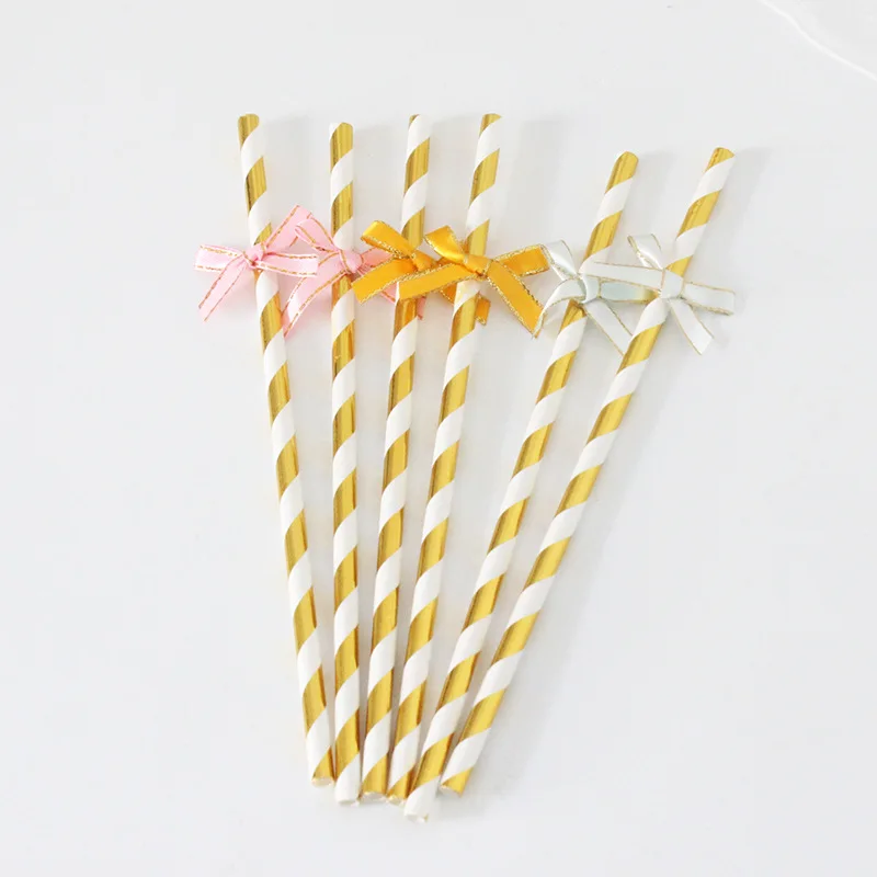 

5pcs Metallic Gold Stripes Stripe Paper Straws with Bow Ribbon Stripe Paper Straws Silver Foiled Stripe Chevron