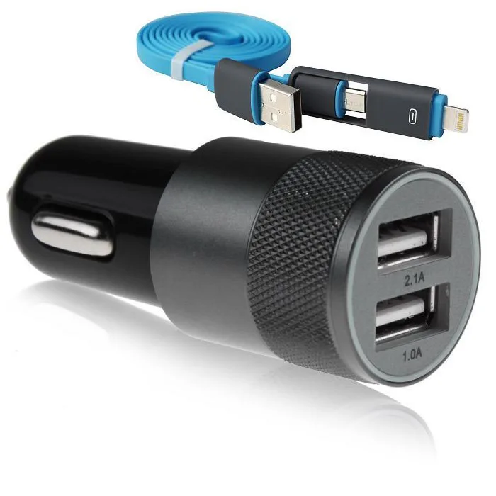 USB Data Cable+ Aluminium Micro Auto Dual USB Port Car