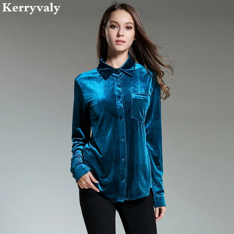 Spring Vintage Peacock Blue Velvet Shirt Women Clothes 2018 Retro Office Loose Women Tops Camisa Feminina